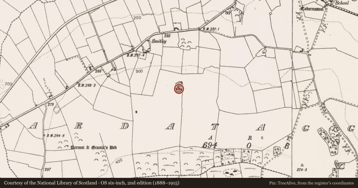 Ordnance Survey six-inch map, 2nd edition (1888–1915) covering the location of Enclosure, Ardataggle, County Clare, with a pin at the register's coordinates