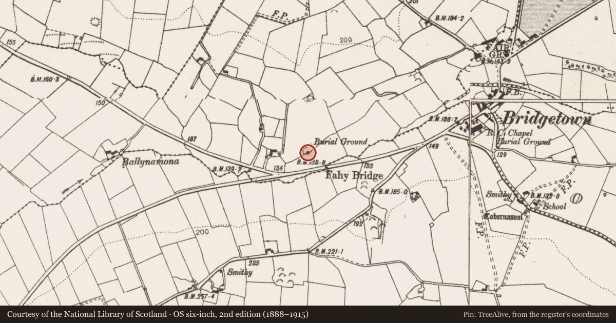 Ordnance Survey six-inch map, 2nd edition (1888–1915) covering the location of Burial ground, Fahy Beg, County Clare, with a pin at the register's coordinates