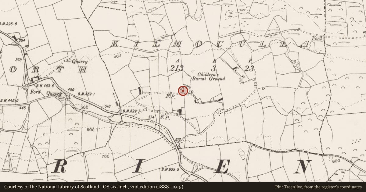 Ordnance Survey six-inch map, 2nd edition (1888–1915) covering the location of Enclosure, Kilmoculla, County Clare, with a pin at the register's coordinates