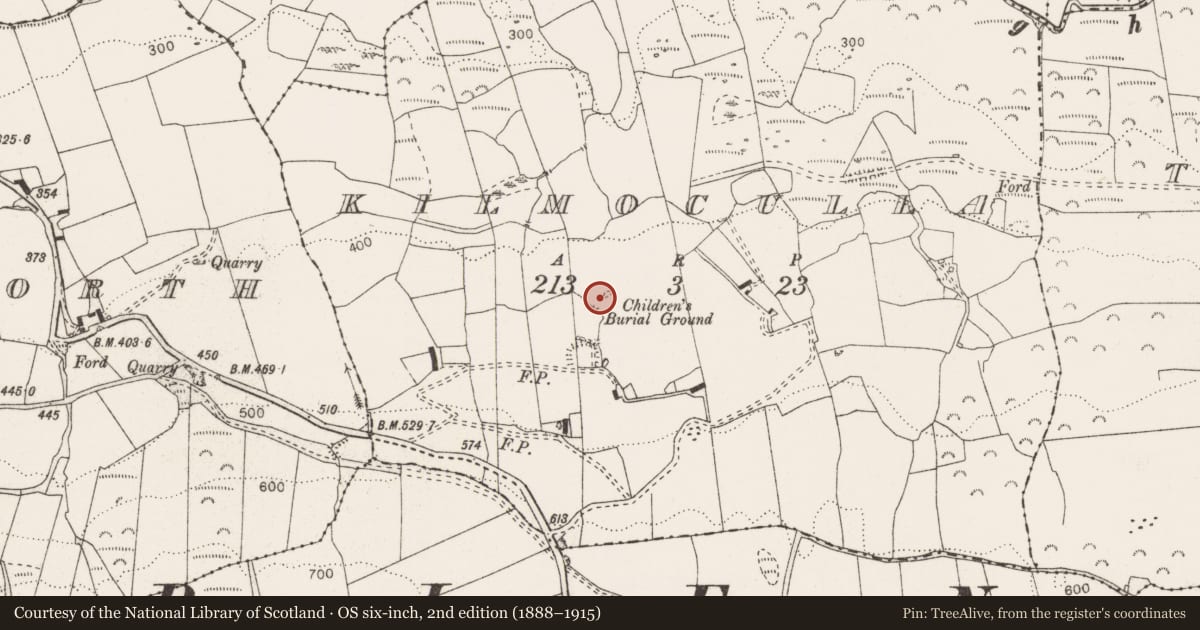 Ordnance Survey six-inch map, 2nd edition (1888–1915) covering the location of Children's burial ground, Kilmoculla, County Clare, with a pin at the register's coordinates