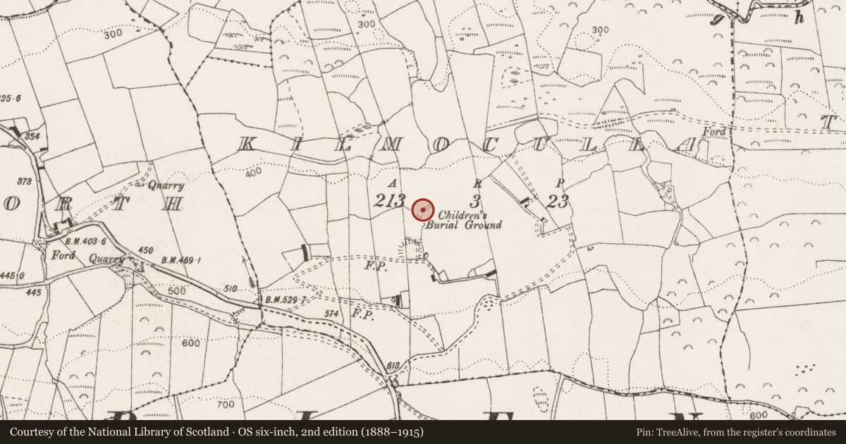 Ordnance Survey six-inch map, 2nd edition (1888–1915) covering the location of Church, Kilmoculla, County Clare, with a pin at the register's coordinates