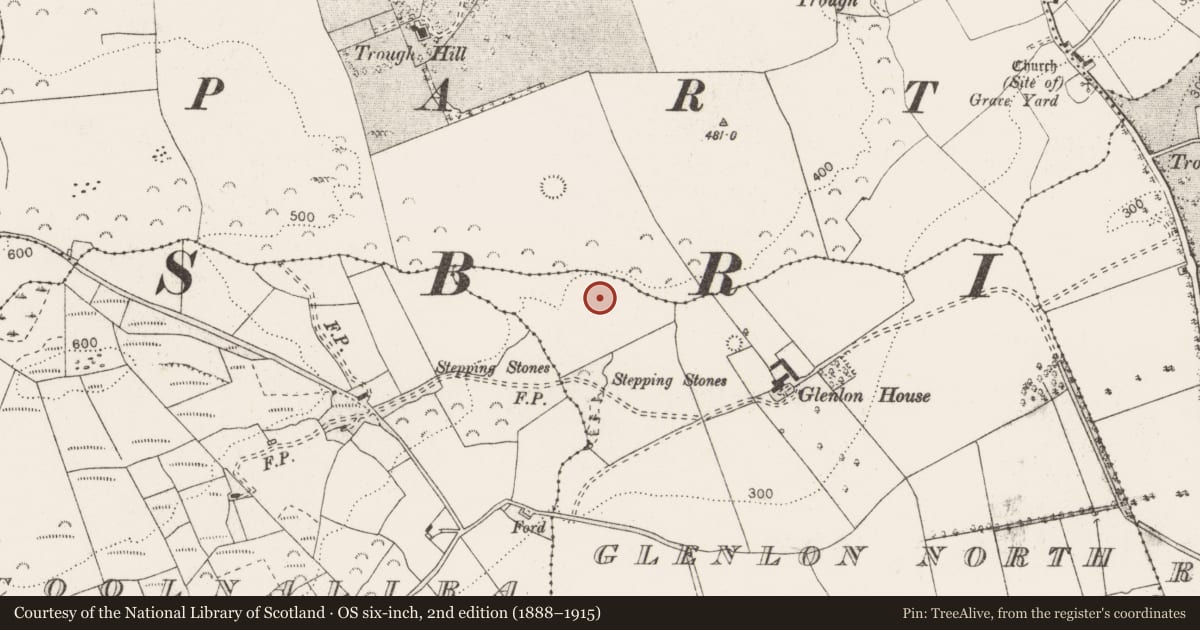 Ordnance Survey six-inch map, 2nd edition (1888–1915) covering the location of Enclosure, Glenlon North, County Clare, with a pin at the register's coordinates