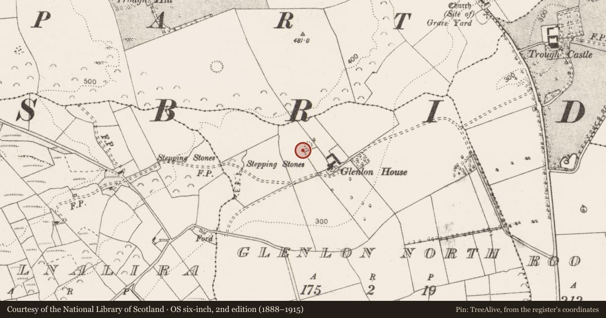 Ordnance Survey six-inch map, 2nd edition (1888–1915) covering the location of Enclosure, Glenlon North, County Clare, with a pin at the register's coordinates