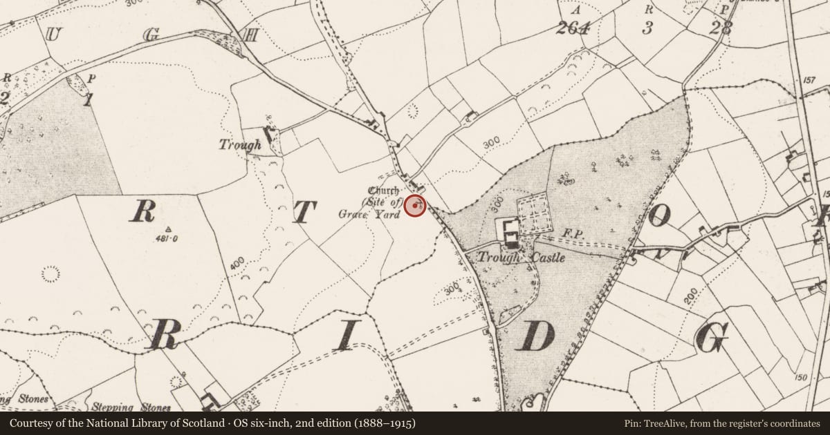 Ordnance Survey six-inch map, 2nd edition (1888–1915) covering the location of Church, Trough, County Clare, with a pin at the register's coordinates