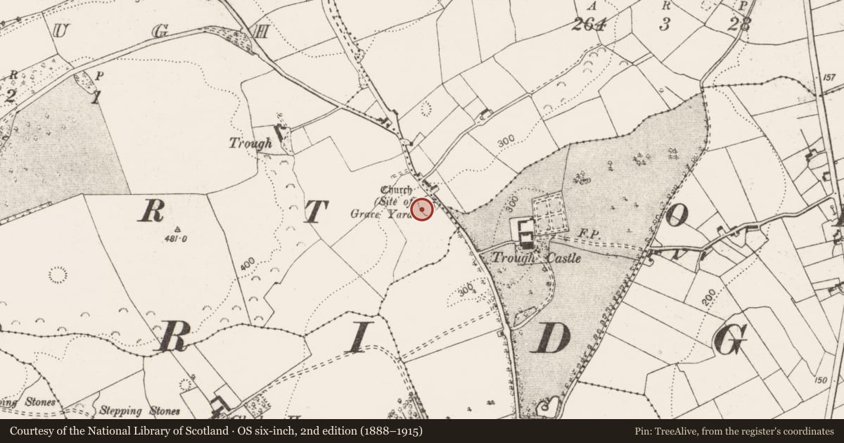 Ordnance Survey six-inch map, 2nd edition (1888–1915) covering the location of Graveyard, Trough, County Clare, with a pin at the register's coordinates