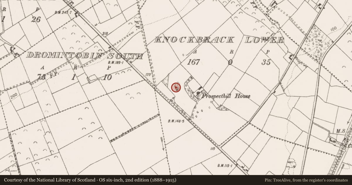 Ordnance Survey six-inch map, 2nd edition (1888–1915) covering the location of Enclosure, Knockbrack Lower, County Clare, with a pin at the register's coordinates