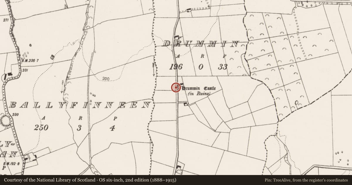Ordnance Survey six-inch map, 2nd edition (1888–1915) covering the location of Castle - tower house, Drummin, County Clare, with a pin at the register's coordinates