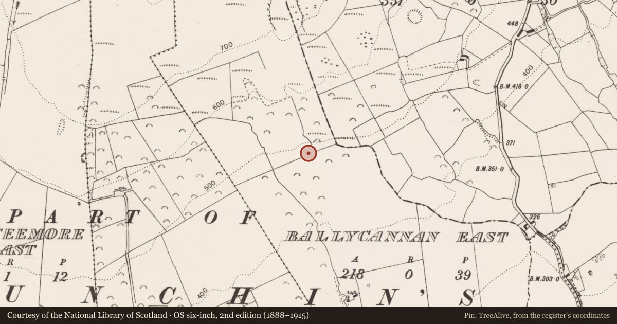 Ordnance Survey six-inch map, 2nd edition (1888–1915) covering the location of Earthwork, Ballycannan East, County Clare, with a pin at the register's coordinates
