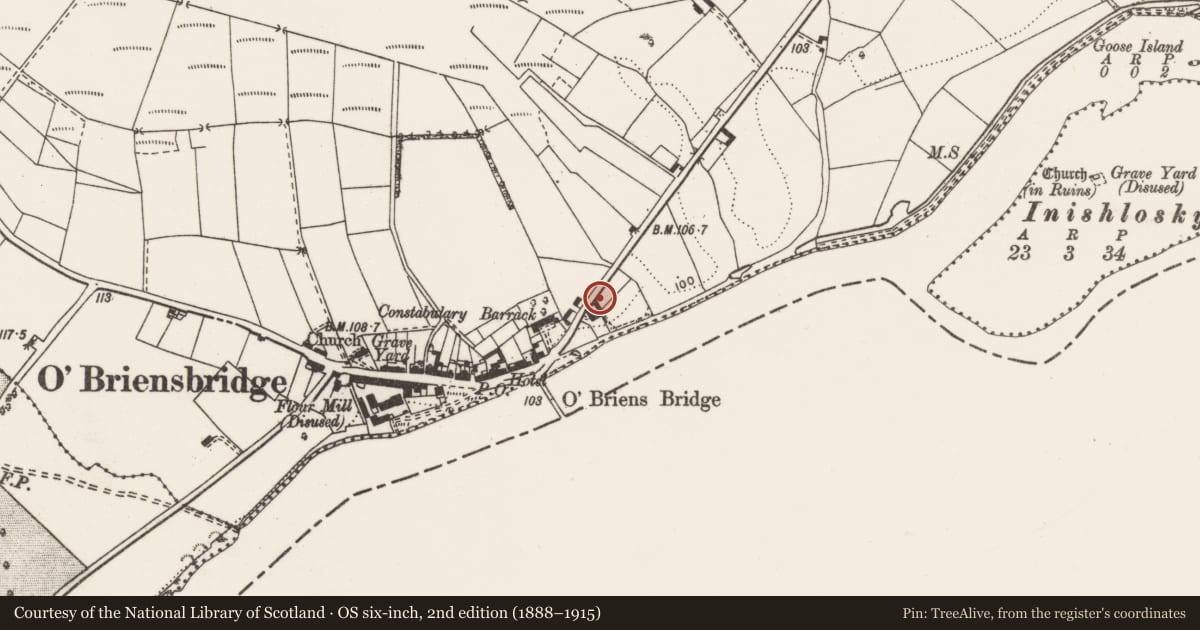 Ordnance Survey six-inch map, 2nd edition (1888–1915) covering the location of Cist, O'Brien'S Bridge, County Clare, with a pin at the register's coordinates