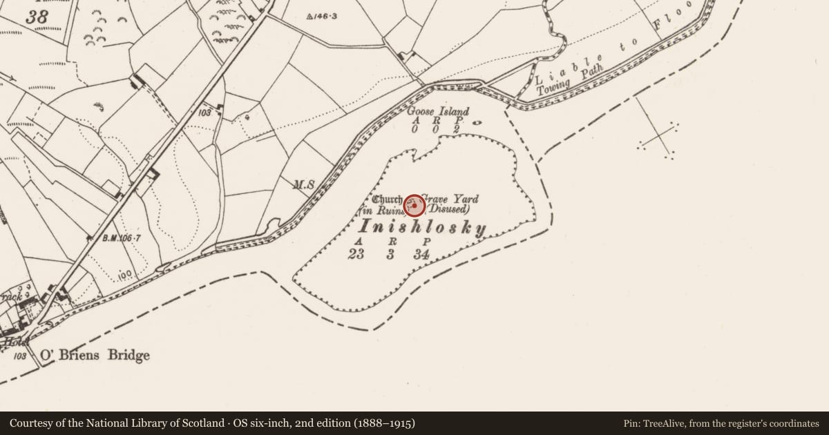 Ordnance Survey six-inch map, 2nd edition (1888–1915) covering the location of Graveyard, O'Brien'S Bridge, County Clare, with a pin at the register's coordinates
