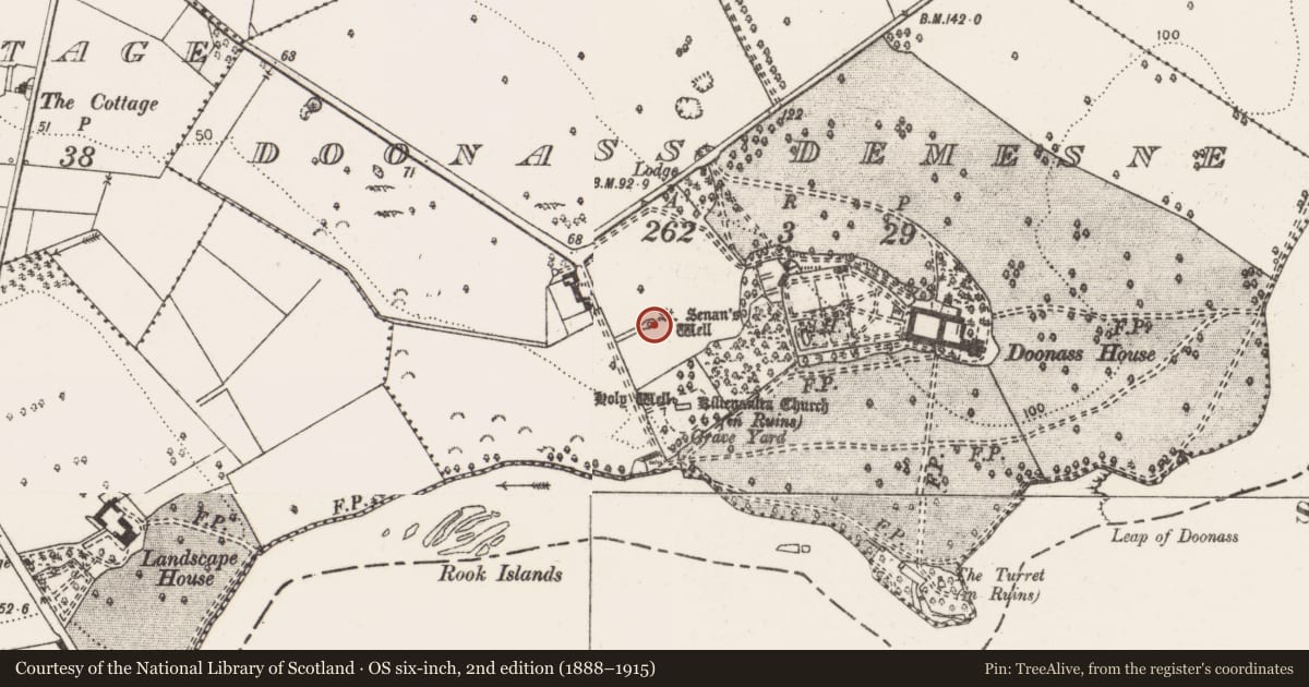 Ordnance Survey six-inch map, 2nd edition (1888–1915) covering the location of Ritual site - holy well, Doonass Demesne, County Clare, with a pin at the register's coordinates