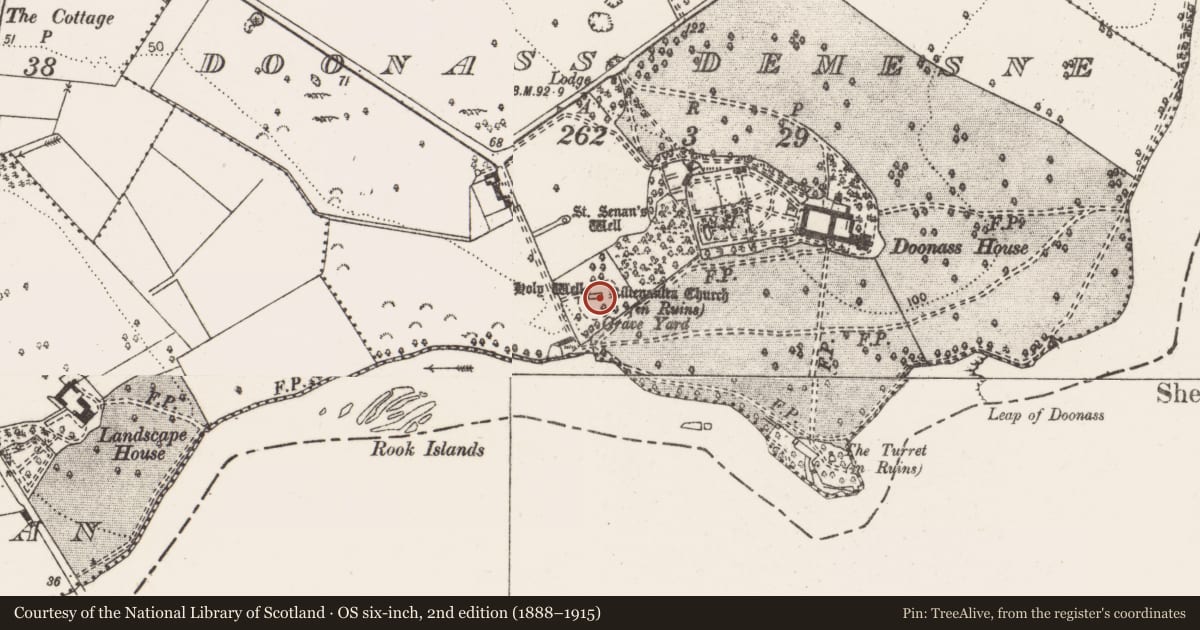Ordnance Survey six-inch map, 2nd edition (1888–1915) covering the location of Church, Doonass Demesne, County Clare, with a pin at the register's coordinates