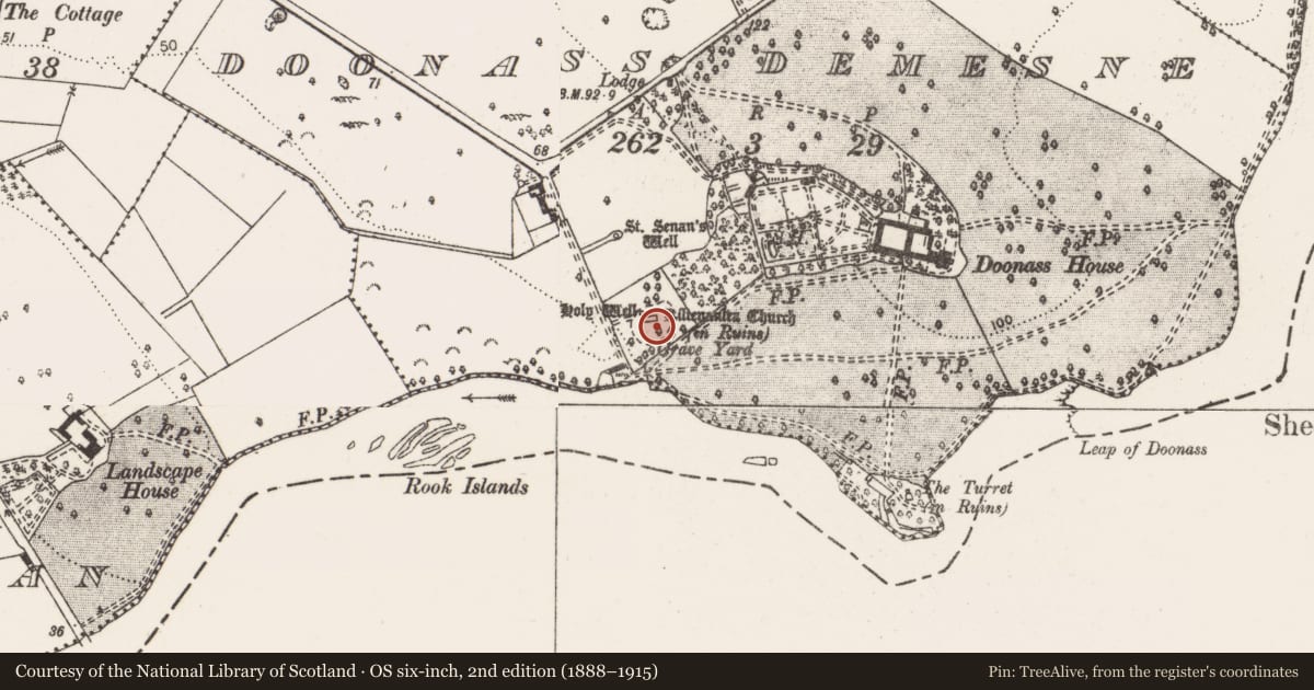 Ordnance Survey six-inch map, 2nd edition (1888–1915) covering the location of Graveyard, Doonass Demesne, County Clare, with a pin at the register's coordinates