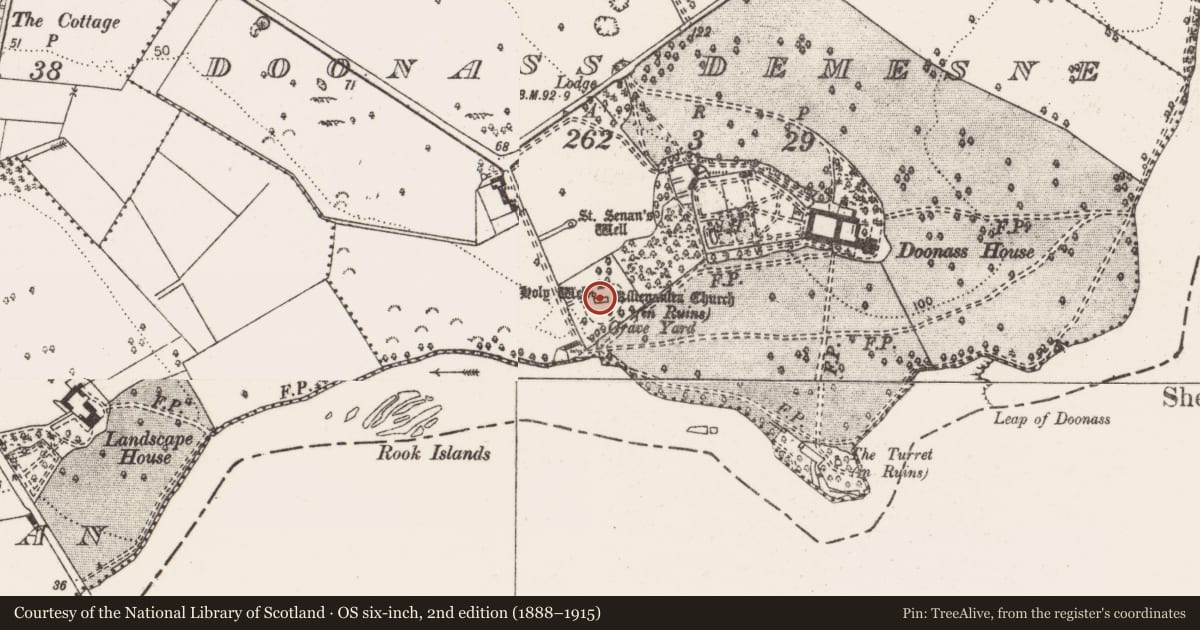Ordnance Survey six-inch map, 2nd edition (1888–1915) covering the location of Ritual site - holy well, Doonass Demesne, County Clare, with a pin at the register's coordinates