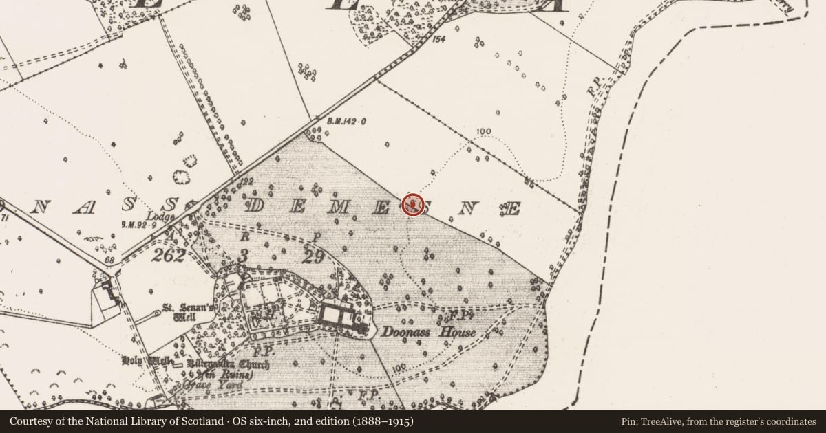 Ordnance Survey six-inch map, 2nd edition (1888–1915) covering the location of Earthwork, Doonass Demesne, County Clare, with a pin at the register's coordinates