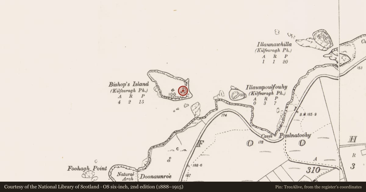 Ordnance Survey six-inch map, 2nd edition (1888–1915) covering the location of Church, Bishop'S Island, County Clare, with a pin at the register's coordinates