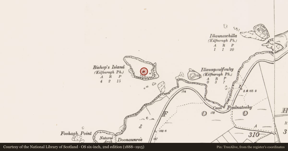 Ordnance Survey six-inch map, 2nd edition (1888–1915) covering the location of Clochan, Bishop'S Island, County Clare, with a pin at the register's coordinates