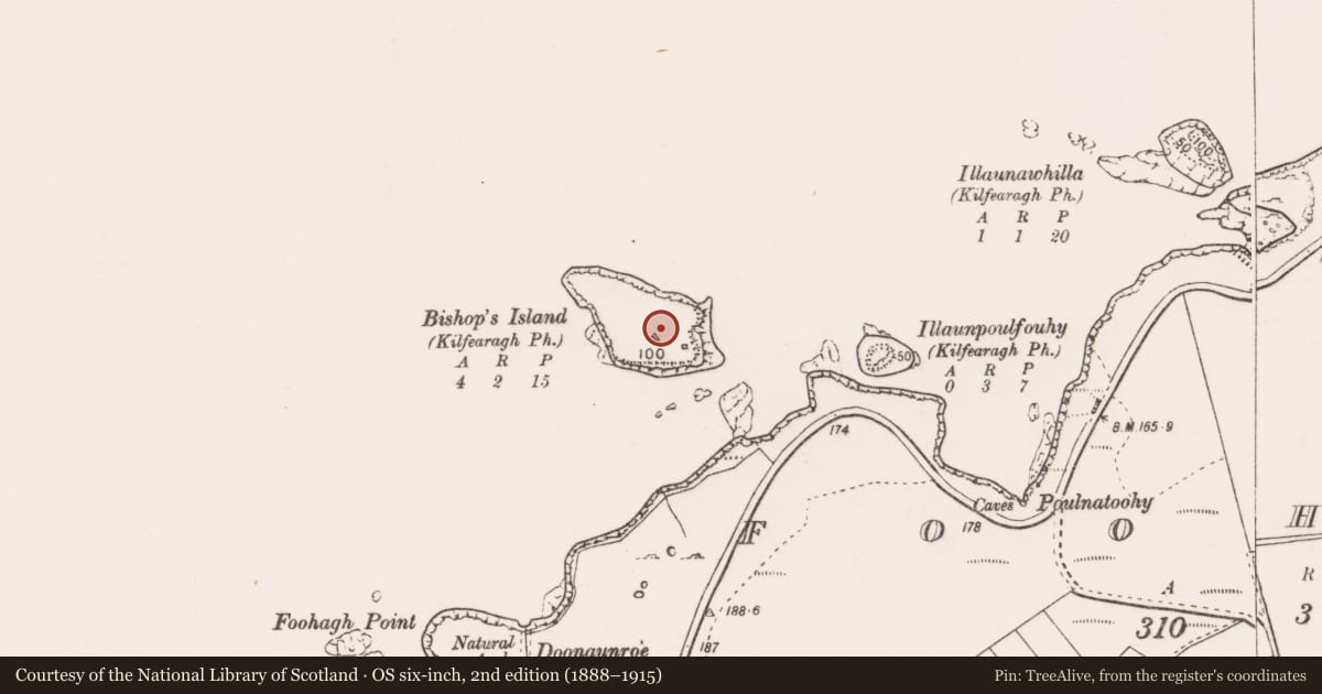 Ordnance Survey six-inch map, 2nd edition (1888–1915) covering the location of Structure, Bishop'S Island, County Clare, with a pin at the register's coordinates