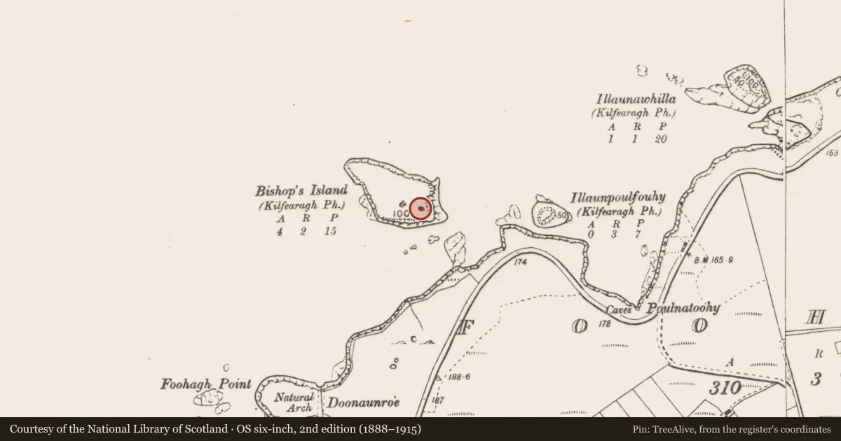 Ordnance Survey six-inch map, 2nd edition (1888–1915) covering the location of Standing stone, Bishop'S Island, County Clare, with a pin at the register's coordinates