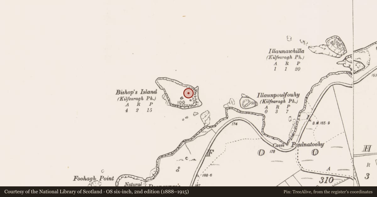 Ordnance Survey six-inch map, 2nd edition (1888–1915) covering the location of Promontory fort - coastal, Bishop'S Island, County Clare, with a pin at the register's coordinates