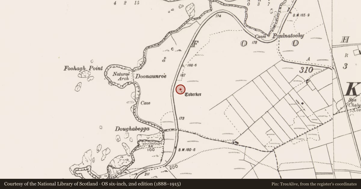 Ordnance Survey six-inch map, 2nd edition (1888–1915) covering the location of Ritual site - holy well, Foohagh, County Clare, with a pin at the register's coordinates