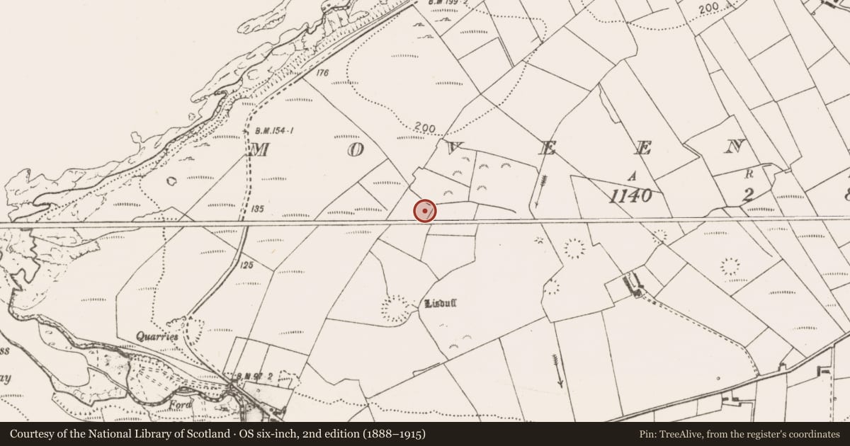 Ordnance Survey six-inch map, 2nd edition (1888–1915) covering the location of Standing stone, Moveen West, County Clare, with a pin at the register's coordinates