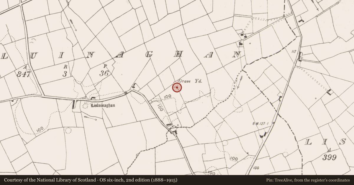 Ordnance Survey six-inch map, 2nd edition (1888–1915) covering the location of Burial ground, Lisluinaghan, County Clare, with a pin at the register's coordinates