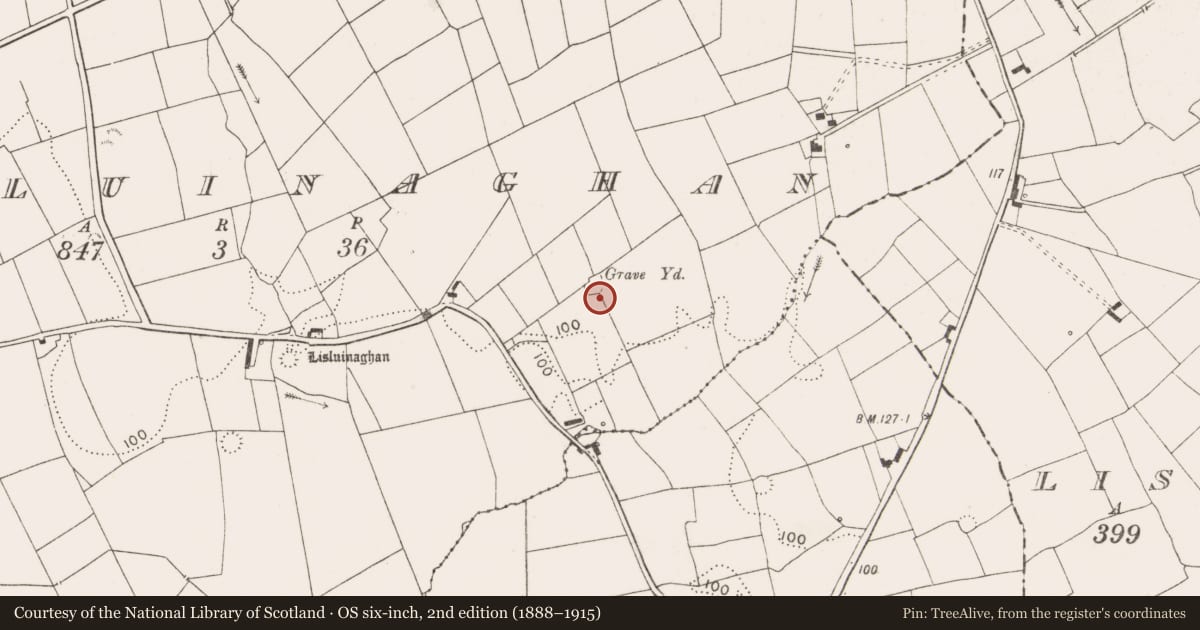 Ordnance Survey six-inch map, 2nd edition (1888–1915) covering the location of Ringfort - rath, Lisluinaghan, County Clare, with a pin at the register's coordinates