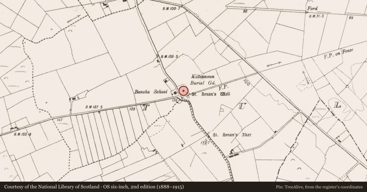Ordnance Survey six-inch map, 2nd edition (1888–1915) covering the location of Church, Tullaher, County Clare, with a pin at the register's coordinates