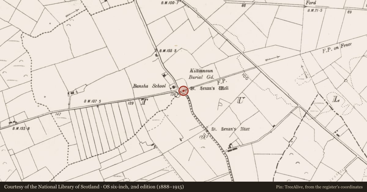 Ordnance Survey six-inch map, 2nd edition (1888–1915) covering the location of Earthwork, Tullaher, County Clare, with a pin at the register's coordinates