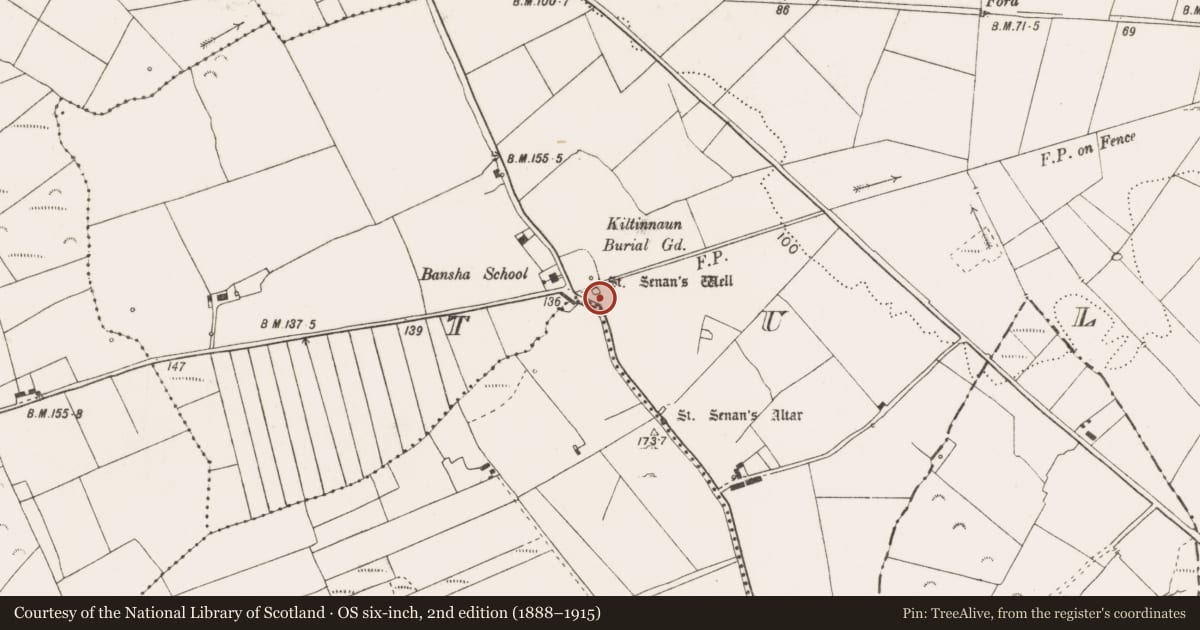 Ordnance Survey six-inch map, 2nd edition (1888–1915) covering the location of Ritual site - holy well, Tullaher, County Clare, with a pin at the register's coordinates