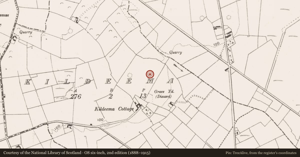 Ordnance Survey six-inch map, 2nd edition (1888–1915) covering the location of Ringfort - rath, Kildeema, County Clare, with a pin at the register's coordinates
