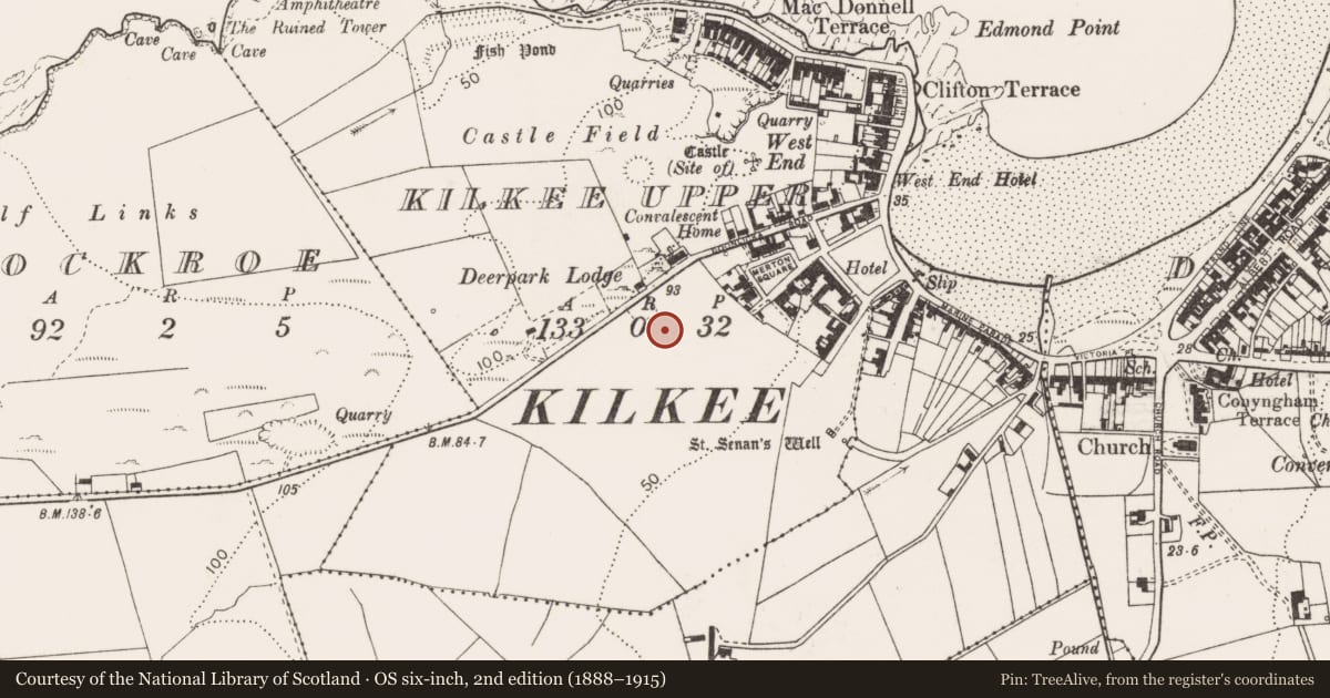 Ordnance Survey six-inch map, 2nd edition (1888–1915) covering the location of Megalithic structure, Kilkee Upper, County Clare, with a pin at the register's coordinates