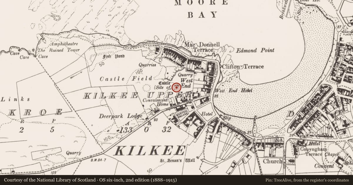 Ordnance Survey six-inch map, 2nd edition (1888–1915) covering the location of Earthwork, Kilkee Upper, County Clare, with a pin at the register's coordinates