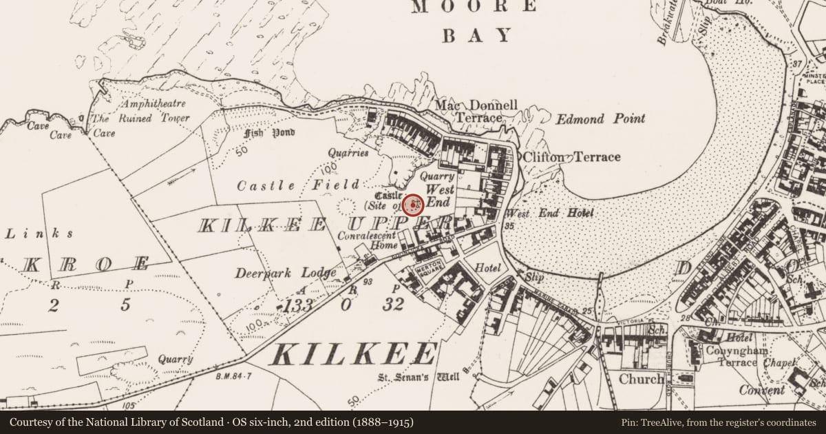 Ordnance Survey six-inch map, 2nd edition (1888–1915) covering the location of Castle - tower house, Kilkee Upper, County Clare, with a pin at the register's coordinates