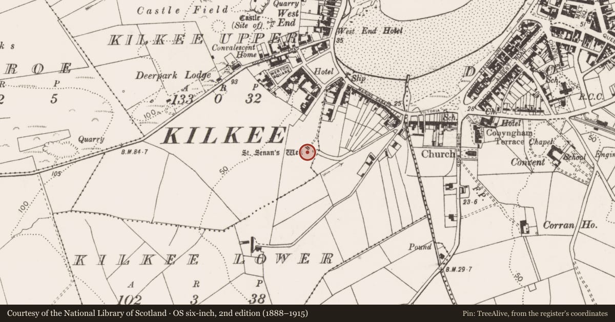 Ordnance Survey six-inch map, 2nd edition (1888–1915) covering the location of Ritual site - holy well, Kilkee Upper, County Clare, with a pin at the register's coordinates