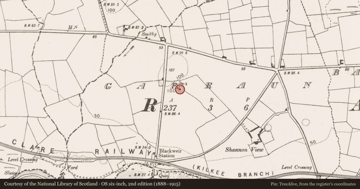 Ordnance Survey six-inch map, 2nd edition (1888–1915) covering the location of Ringfort - rath, Garraun, County Clare, with a pin at the register's coordinates