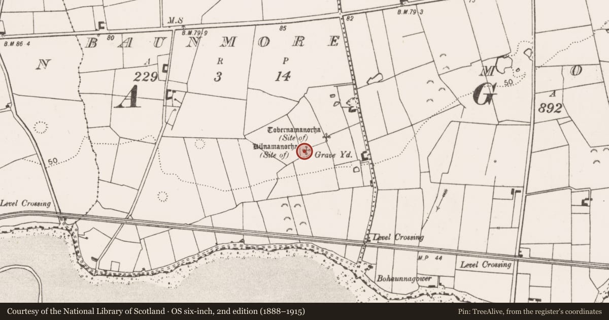 Ordnance Survey six-inch map, 2nd edition (1888–1915) covering the location of Church, Baunmore, County Clare, with a pin at the register's coordinates