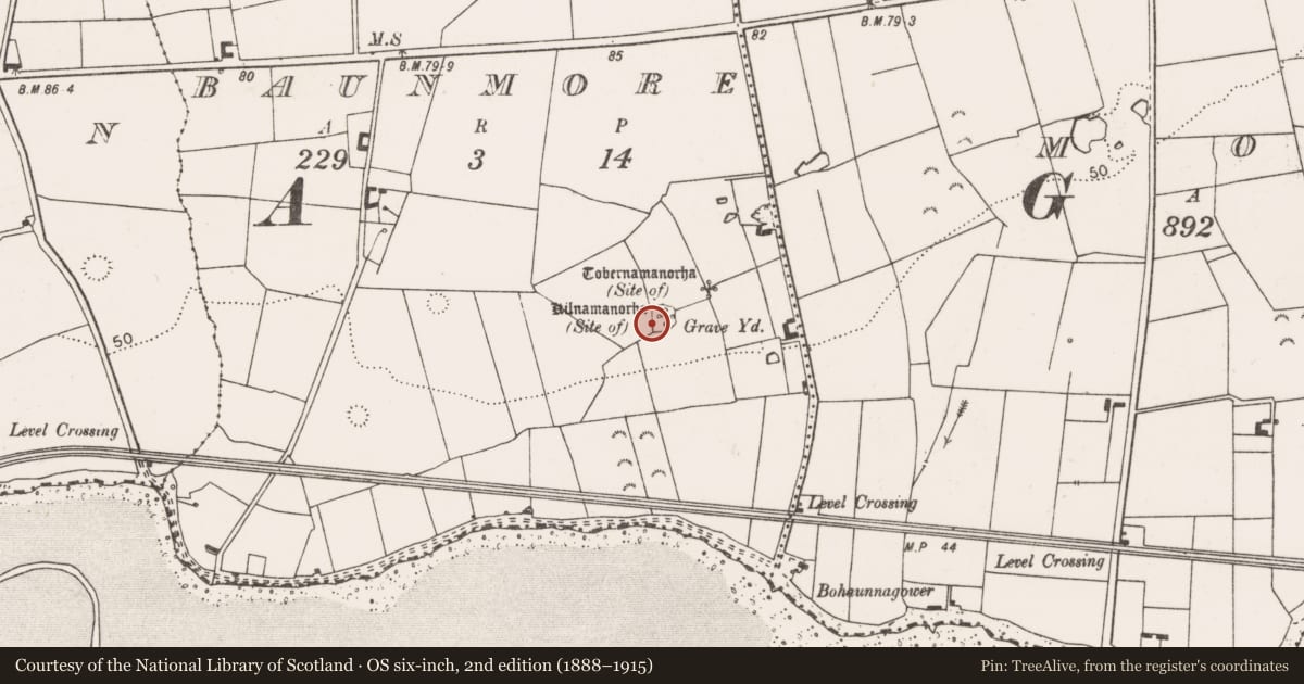 Ordnance Survey six-inch map, 2nd edition (1888–1915) covering the location of Graveyard, Baunmore, County Clare, with a pin at the register's coordinates