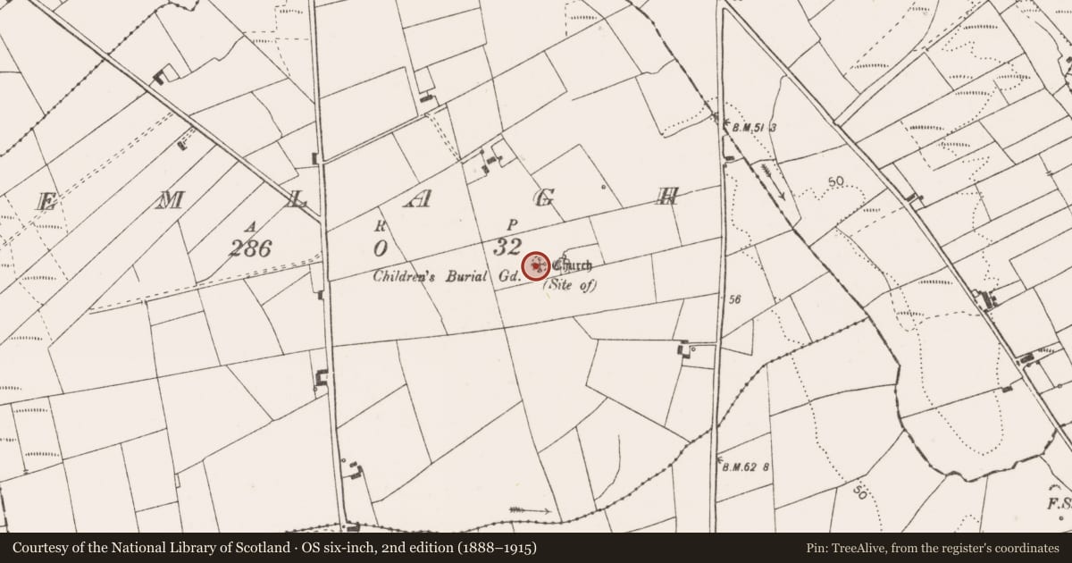 Ordnance Survey six-inch map, 2nd edition (1888–1915) covering the location of Church, Emlagh, County Clare, with a pin at the register's coordinates