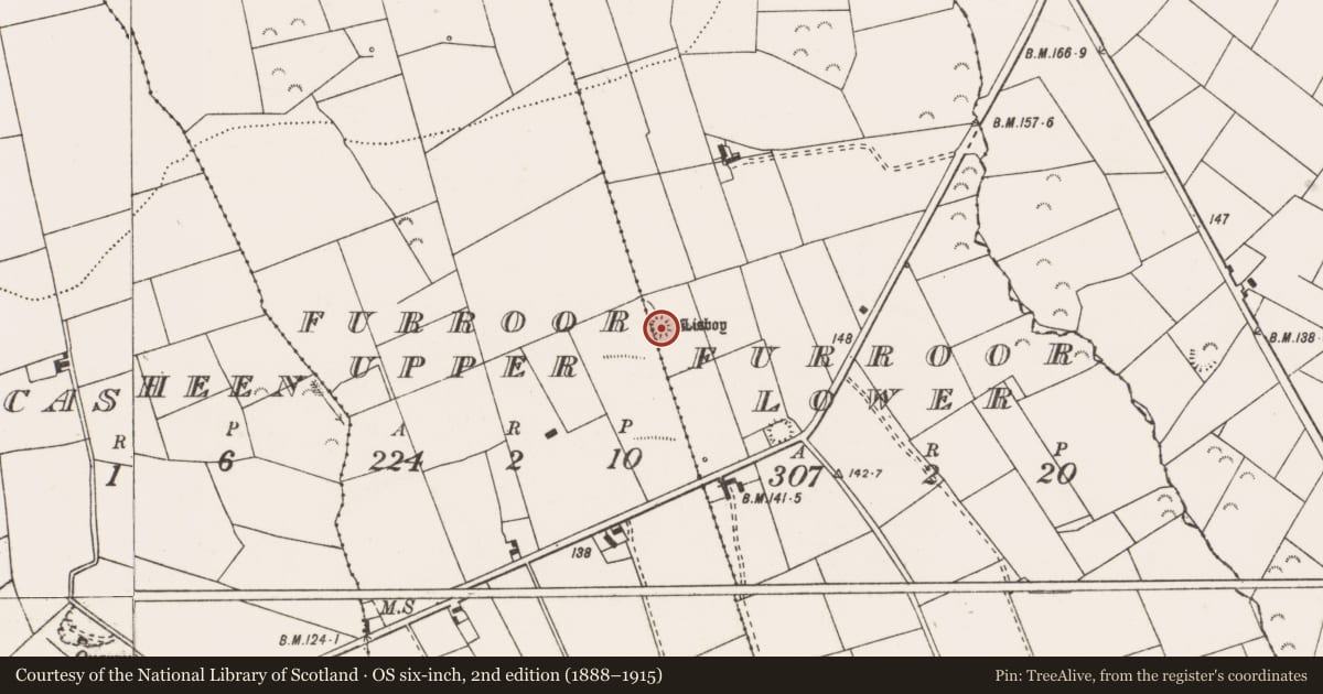 Ordnance Survey six-inch map, 2nd edition (1888–1915) covering the location of Ringfort - rath, Furroor Lower, County Clare, with a pin at the register's coordinates