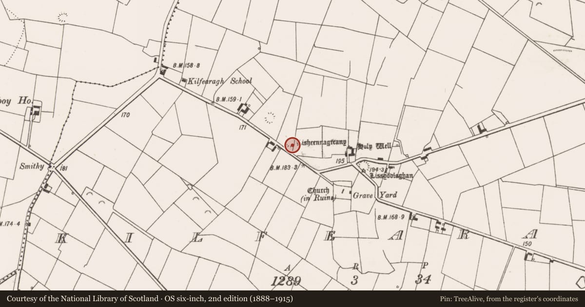 Ordnance Survey six-inch map, 2nd edition (1888–1915) covering the location of Ringfort - rath, Kilfearagh, County Clare, with a pin at the register's coordinates