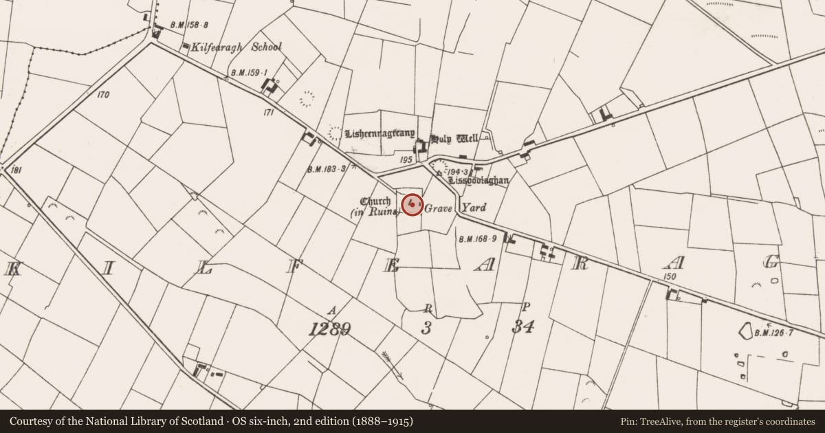 Ordnance Survey six-inch map, 2nd edition (1888–1915) covering the location of Church, Kilfearagh, County Clare, with a pin at the register's coordinates