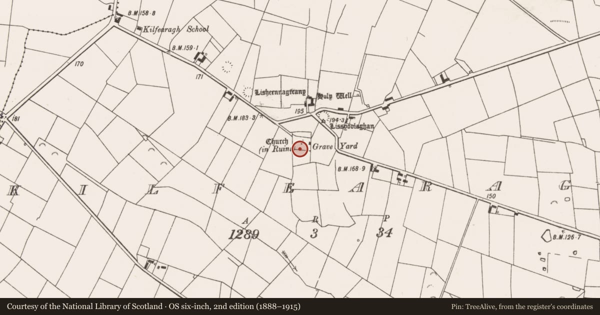 Ordnance Survey six-inch map, 2nd edition (1888–1915) covering the location of Graveyard, Kilfearagh, County Clare, with a pin at the register's coordinates