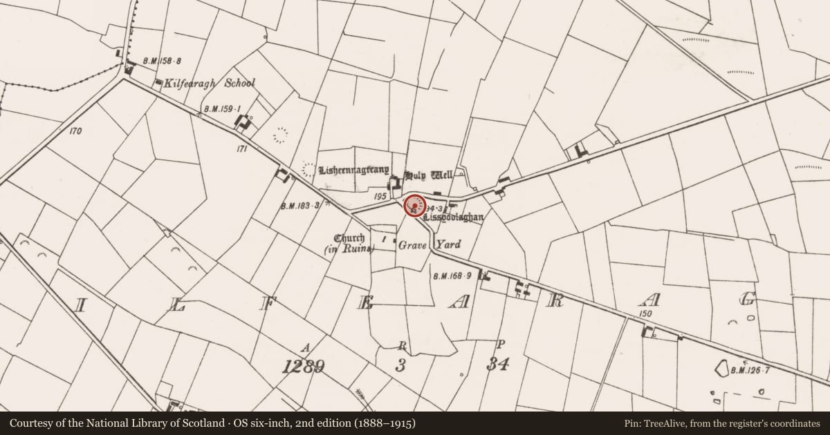Ordnance Survey six-inch map, 2nd edition (1888–1915) covering the location of Ringfort - rath, Kilfearagh, County Clare, with a pin at the register's coordinates