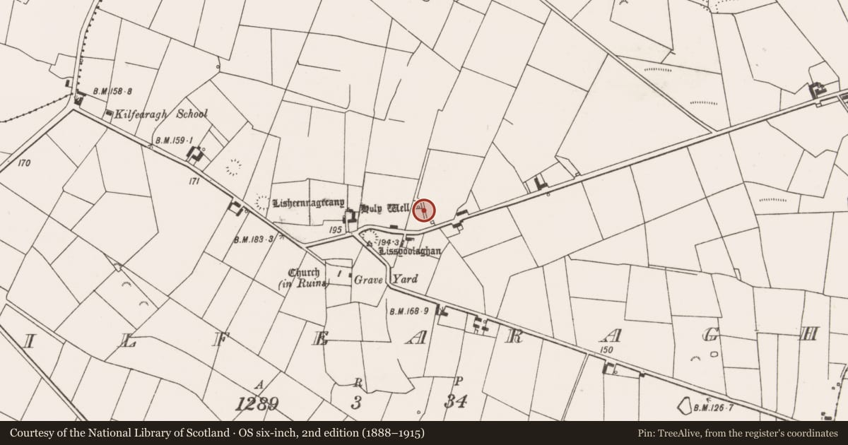Ordnance Survey six-inch map, 2nd edition (1888–1915) covering the location of Ritual site - holy well, Kilfearagh, County Clare, with a pin at the register's coordinates