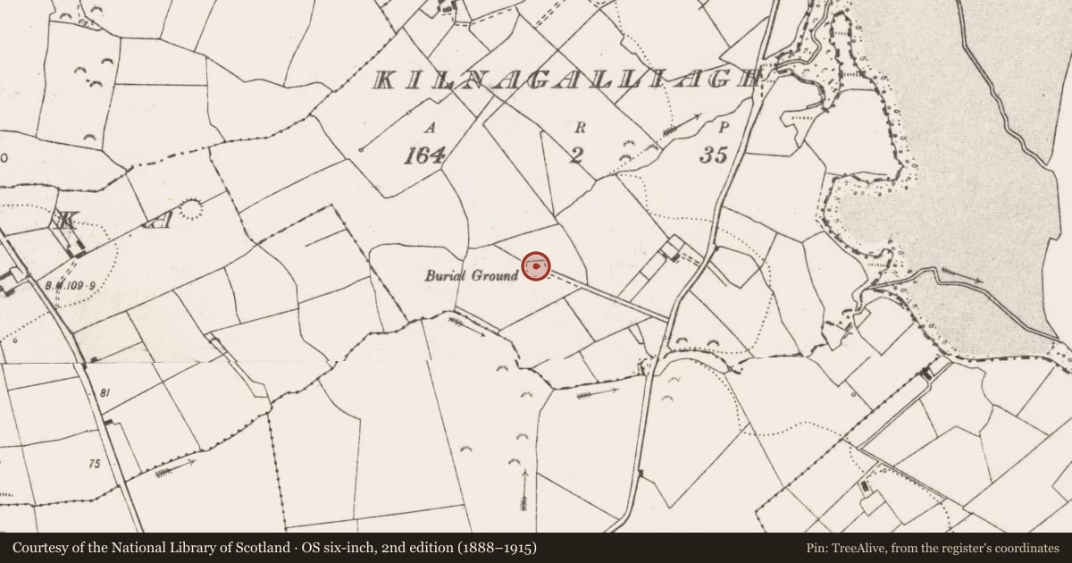 Ordnance Survey six-inch map, 2nd edition (1888–1915) covering the location of Church, Kilnagalliagh, County Clare, with a pin at the register's coordinates