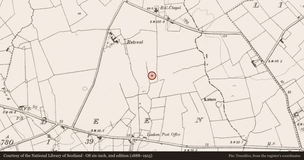 Ordnance Survey six-inch map, 2nd edition (1888–1915) covering the location of Children's burial ground, Lisdeen, County Clare, with a pin at the register's coordinates