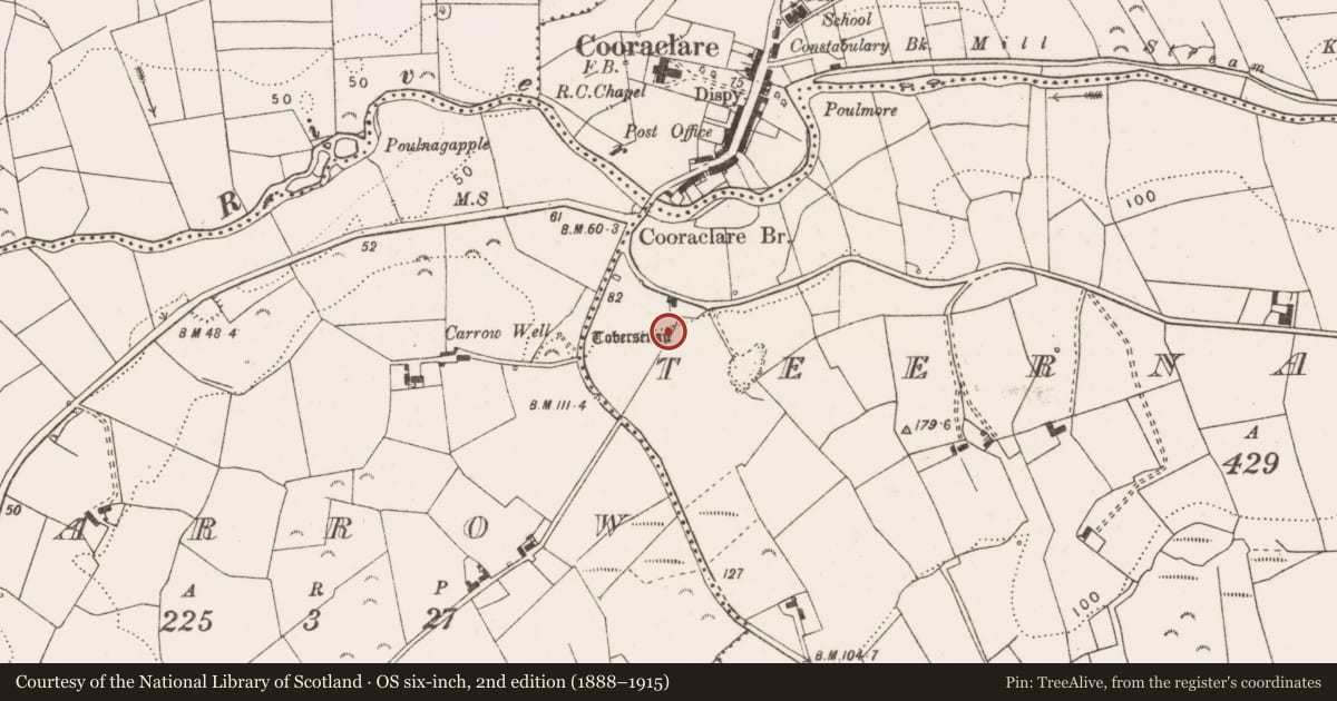 Ordnance Survey six-inch map, 2nd edition (1888–1915) covering the location of Ritual site - holy well, Teernagloghane, County Clare, with a pin at the register's coordinates