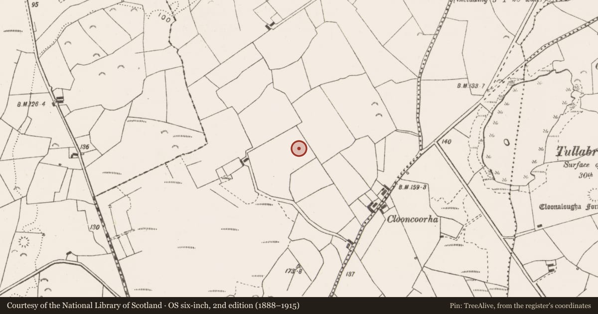 Ordnance Survey six-inch map, 2nd edition (1888–1915) covering the location of Earthwork, Tullabrack West, County Clare, with a pin at the register's coordinates